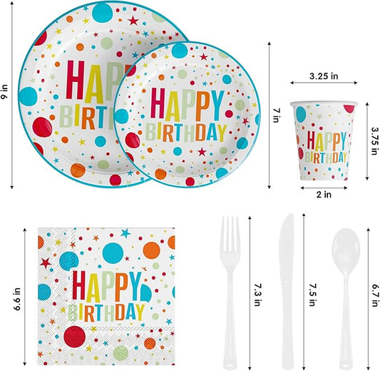 Exquisite 350 Pcs Blue Happy Birthday Plates and Napkins Set, Blue Birthday Plates Set, 50 Of Each 9" Dinner Plate, 7" Dessert Plate, 12 oz Cups, Napkins & Cutlery Plastic Dinnerware Set