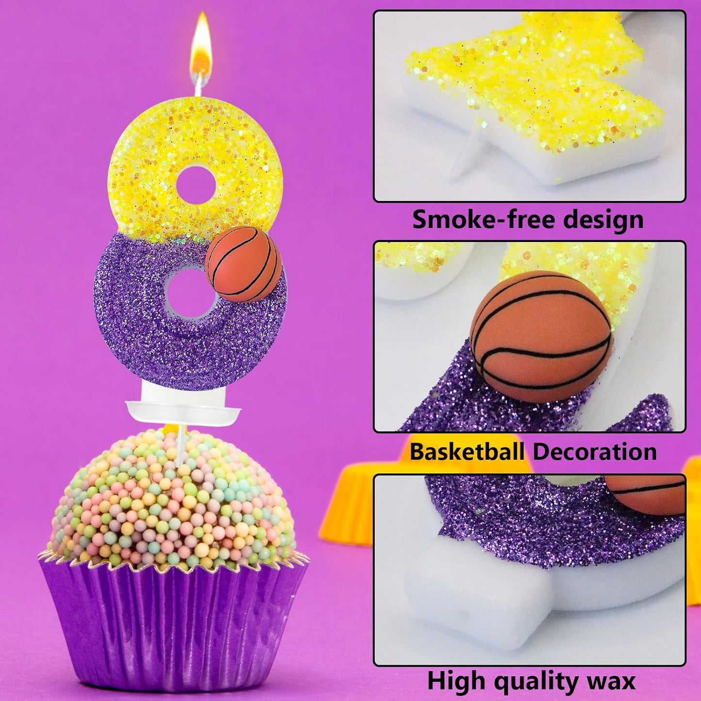 HXOUSE Basketball Number 8 Birthday Candles - Purple Gold Birthday Candles for Cake, 8 Candle for Basketball Theme Cake Topper, Boys Sport Party Decorations Gifts (No.8)