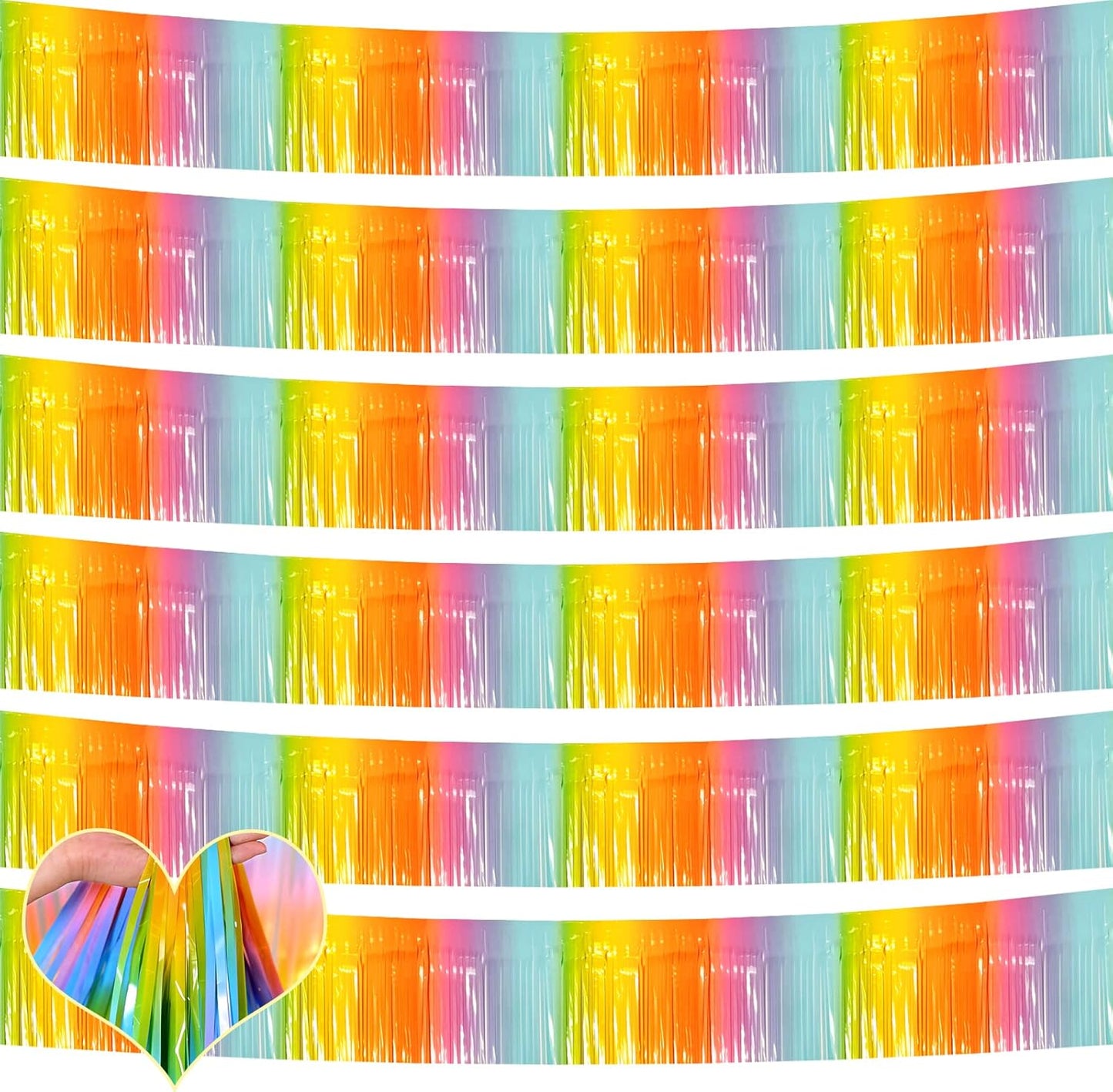 6 Pack 10 Feet Foil Fringe Garland Metallic Tinsel Banner Wall Hanging Curtain Streamers Backdrop for Parade Floats Bachelorette Wedding Birthday Party Thanksgiving Christmas Decorations(Rainbow)