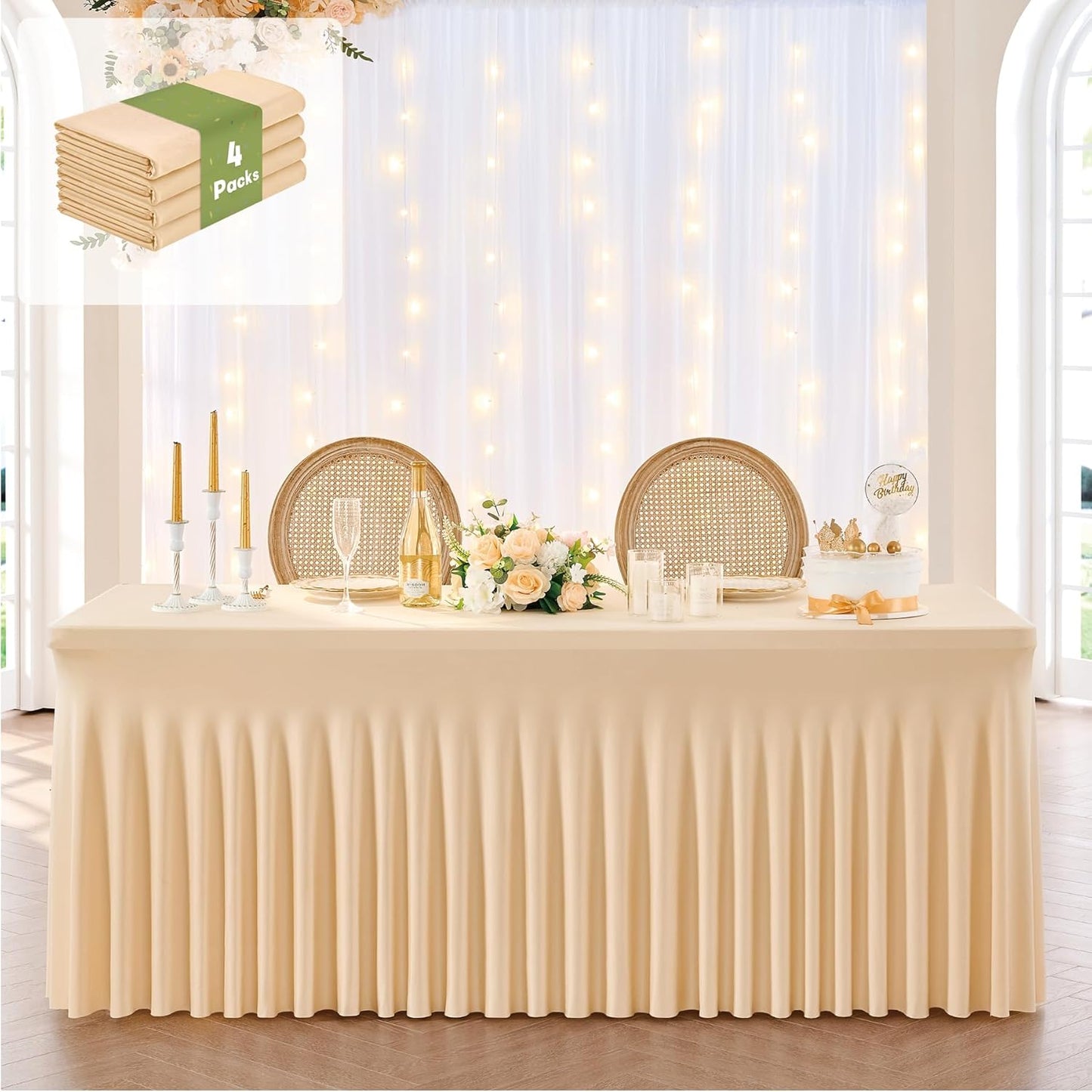 leegleri 4 Pack Champagne Spandex Tablecloths for 8 Foot Rectangle Tables, Wrinkle Free Fitted Table Cloths 8ft Stretchy Table Cloth Cover with Skirt for Parties Weddings Birthday Banquet Baby Shower