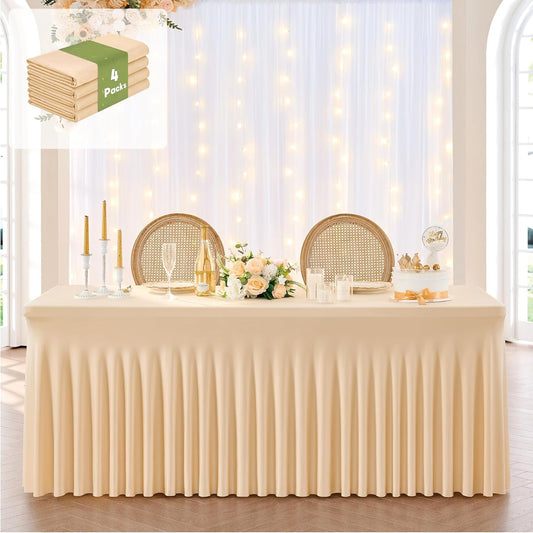 leegleri 4 Pack Champagne Spandex Tablecloths for 8 Foot Rectangle Tables, Wrinkle Free Fitted Table Cloths 8ft Stretchy Table Cloth Cover with Skirt for Parties Weddings Birthday Banquet Baby Shower