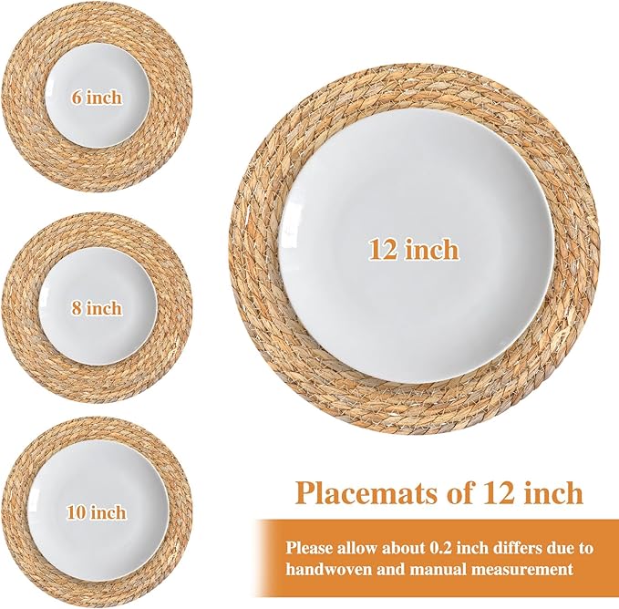 Set of 16 Round Woven Rattan Placemats, 12 Inch Boho Farmhouse Table Mats Natural Cattail Charger Plates for Dining Table Decor Heat-Resistant Braided Place Mats