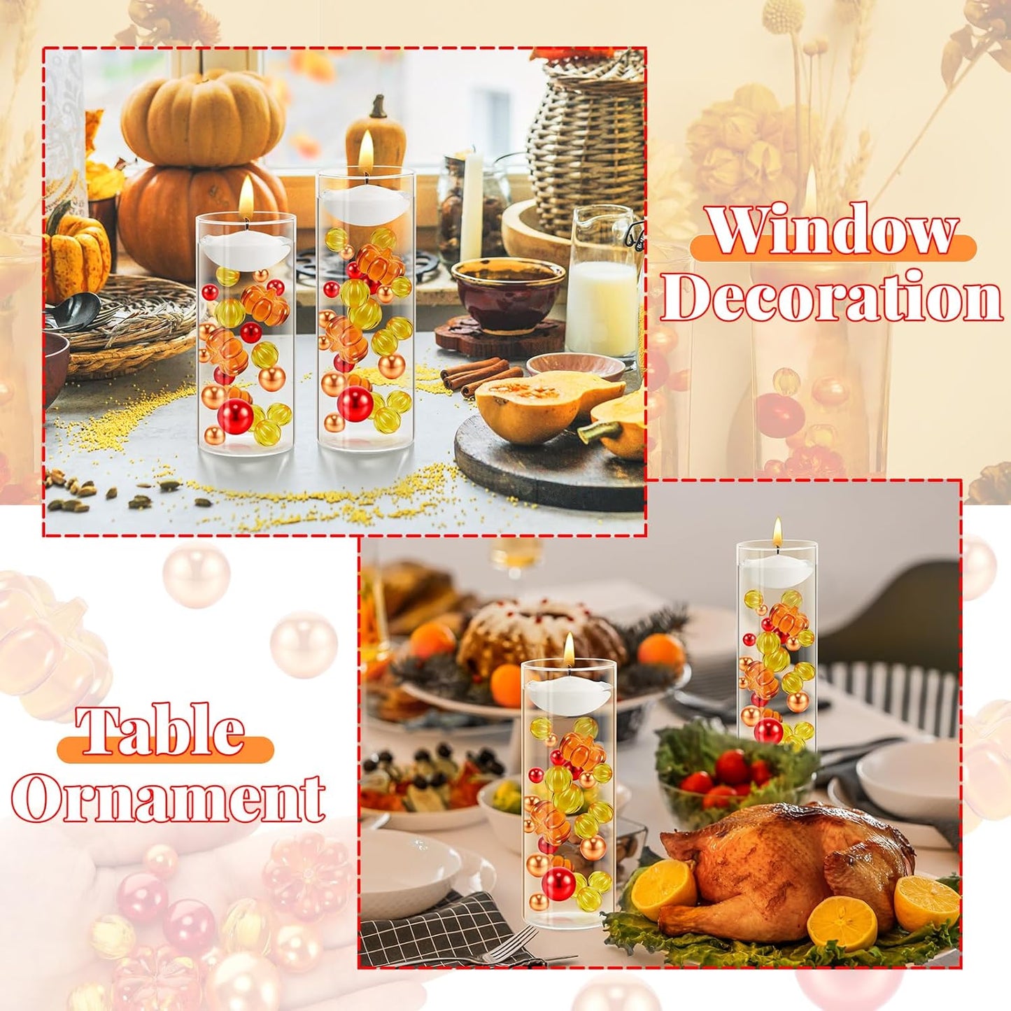 MTLEE 124 Pcs Thanksgiving Vase Filler Faux Pearl for Vase Filler with 8 White Unscented Candles for Fall Thanksgiving Home Table Party Festival Decors, Not Included Clear Beads(Pumpkin)