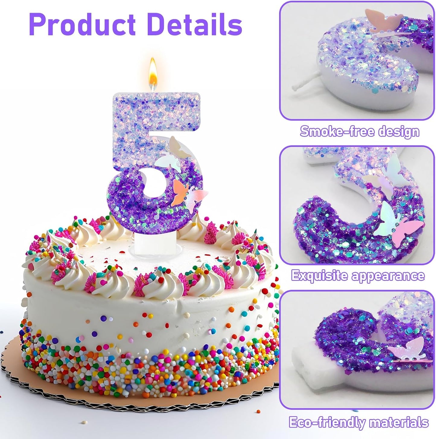 5Th Birthday Candle for Cake，Butterfly Cake Toppers，Butterfly Birthday Decorations，Purple Birthday Candles，for Birthdays,Theme Parties, Celebration, Anniversary