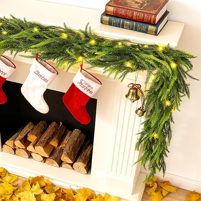 6ft Artificial Norfolk Pine Garland with Lights, 2Pcs Christmas Greenery Garland for Mantel Fireplace Table Wall Stair Window Outdoor Indoor Christmas Decorations (2)