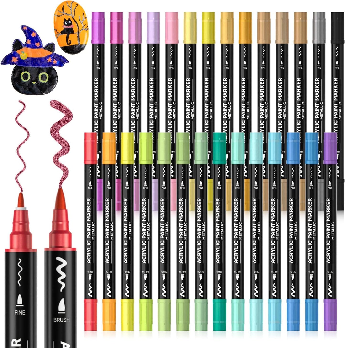 28 Metallic Colors Dual Tip Acrylic Paint Markers, Brush Tip and Fine Tip Acrylic Paint Pens for Rock Painting, Ceramic, Wood, Canvas, Plastic, Glass, Stone, Calligraphy, Card Making, DIY Crafts