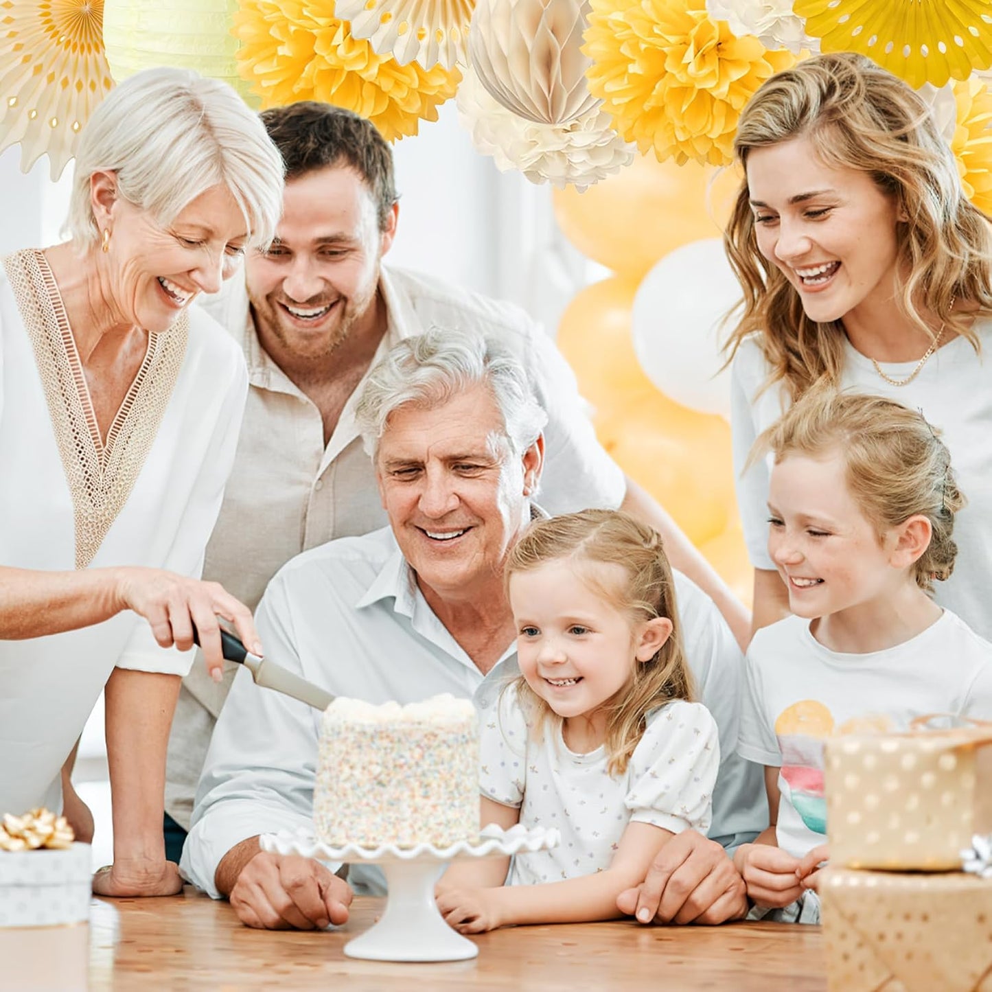 Yellow Party Decorations Yellow and Cream Paper Fans Paper Lanterns Pom Poms Flowers for Baby Shower Birthday Wedding Engagement Party