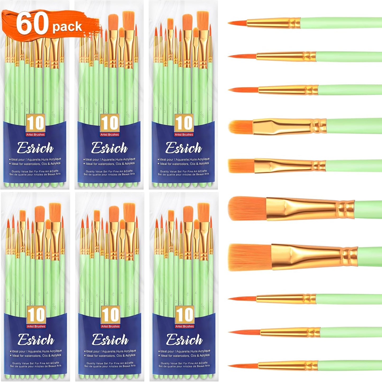 ESRICH Paint Brushes Set,6 Packs 60 Pcs Acrylic Paint Brush Set,Acrylic Oil Watercolor, Face Nail Art, Miniature Detailing,Rock Painting,Painting Artist Professional Kits(Green)