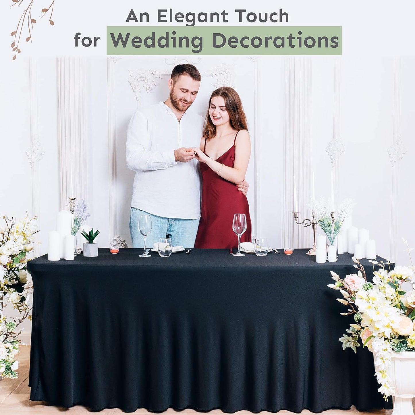 Table Skirt for Rectangular Tables 6ft - Spandex TableCovers for Standard 6 Foot Table - One Piece Fitted Elastic Tablecloth - Wrinkle Resistant Ruffles Design for Weddings, Party, Events (Black)