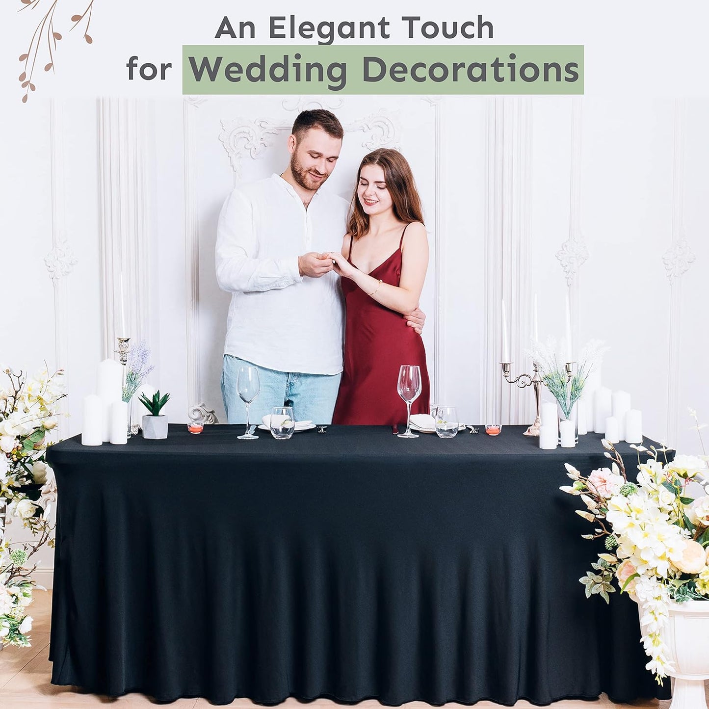 2 Pack Table Skirt for Rectangular Tables 8ft - Wedding Spandex Tables Cover for Standard 8 Foot Table - One Piece Fitted Elastic Tablecloth - Great for Party, Event, Trade Show (Pack of 2, Black 8ft)