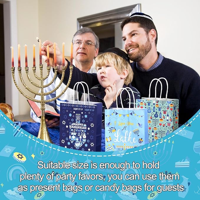 Outus 48 Pcs Hanukkah Party Favor Bags Chanukah Gift Goodie Paper Bags with Handles Jewish Menorah Blue Star of David Dreidel Candy Treat Pouch for Happy Hanukkah Party Decorations Supplies