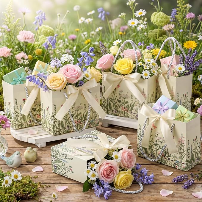 Moinchore 30 Pcs Vintage Wildflower Paper Gift Bags Bulk 5.5 x 4.7 x 2.5 in Mini Flower Plant Favor Bags with Handles Bow Ribbon Wrap for Spring Summer Birthday Home Wedding Party Supplies