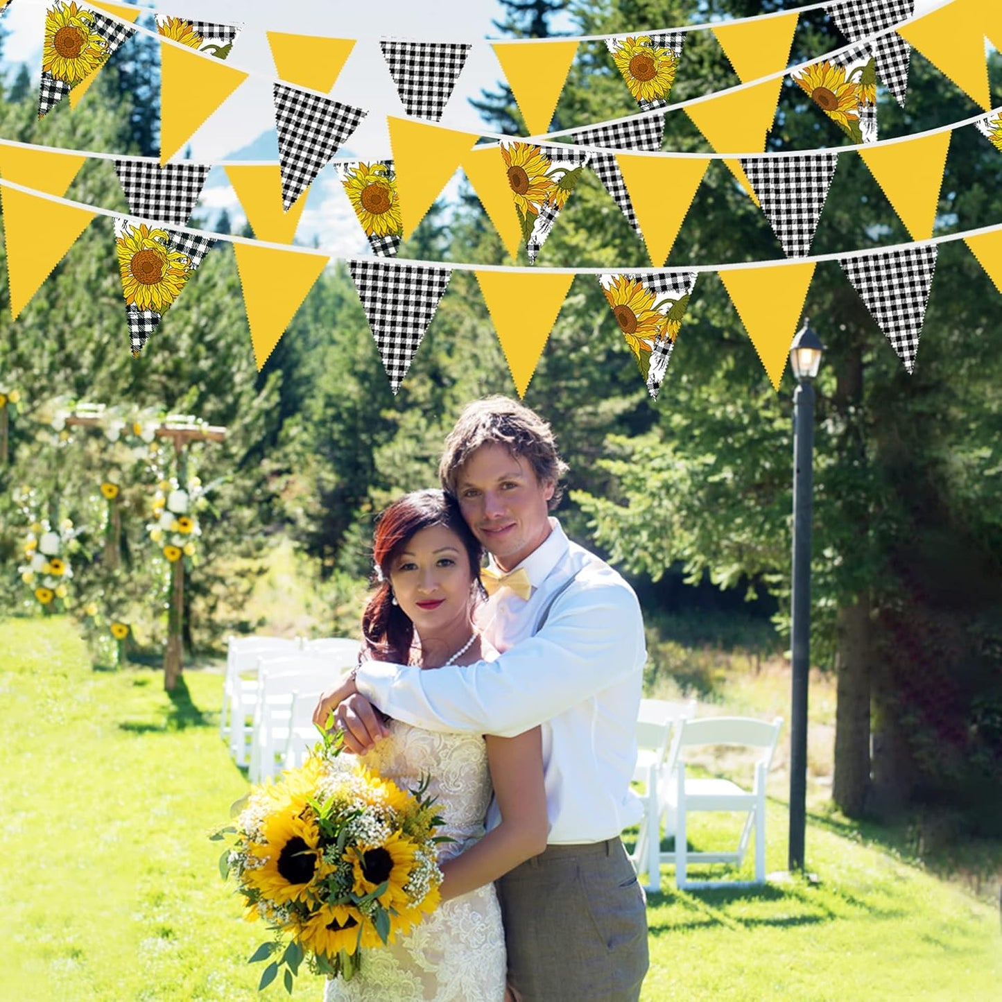 32Ft Yellow and Black Plaid Sunflower Pennant Banner Fabric Triangle Flag Bunting Garland for Sunflower Spring Summer Birthday Wedding Baby Bridal Shower Tea Party Outdoor Garden Hanging Decorations