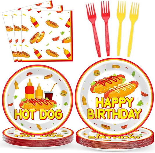 96Pcs Hot Theme Dog Birthday Party Paper Plates and Napkins for Fast Food Themed Party Supplies Hot Dog Themed Paper Dessert Plates Picnic BBQ Tableware Set for 24 Guests Birthday Party Decorations