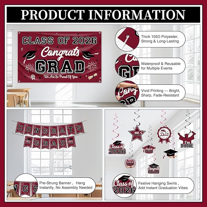 Graduation Decorations Class of 2026 Maroon Graduation Party Decor Set include Congrats Grad Banner Backdrop Class of 2026 Balloons Party Supplies