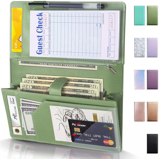 Server Book High Volume, Expandable Server Book,5"×9", Waitress Waiter Book, Sturdy Leather Waitress Book with 2 Zipper Pockets and Magnetic Pocket, Server Books Server Checkbook (Grass Green)