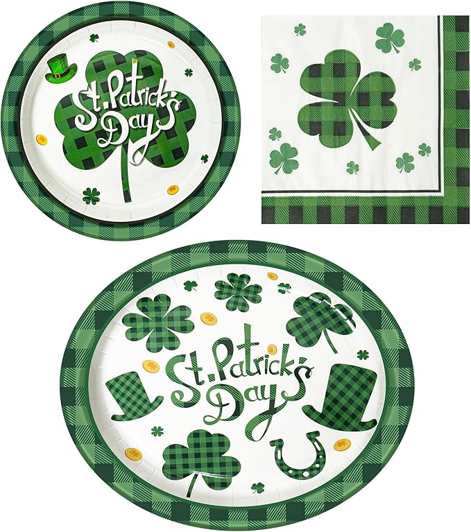 Dereinwo 100 PCS St Patricks Day Paper Plates and Napkins | Bundle Includes Paper Oval Dinner Plates Dessert Plates and Napkins for Irish Holiday Party Supplies Themed Tableware | Serve 25