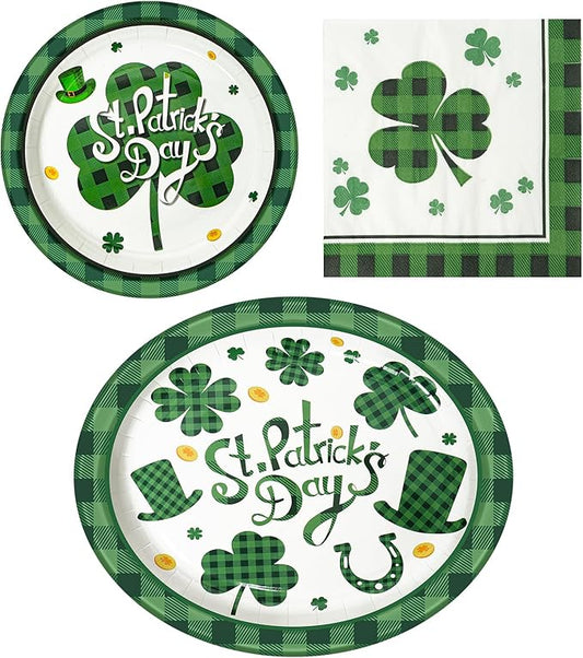 Dereinwo 100 PCS St Patricks Day Paper Plates and Napkins | Bundle Includes Paper Oval Dinner Plates Dessert Plates and Napkins for Irish Holiday Party Supplies Themed Tableware | Serve 25