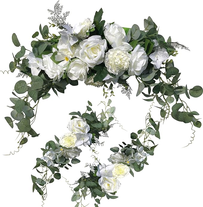Wedding Arch Flowers,3Pcs Set White Rose Decorative Floral Swags, Artificial Greenery Eucalyptus Leaves Flower For Sheer Drapes, Wedding Chair, Arbor, Wedding Ceremony and Reception Arrangement