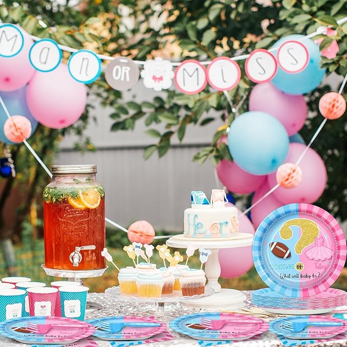 96Pcs Gender Reveal Party Supplies Touchdown or Tutus Gender Reveal Paper Plates Napkins Ballet or Football Gender Reveal Party Decorations Favors for Boy or Girl Baby Shower Tableware Serves 24