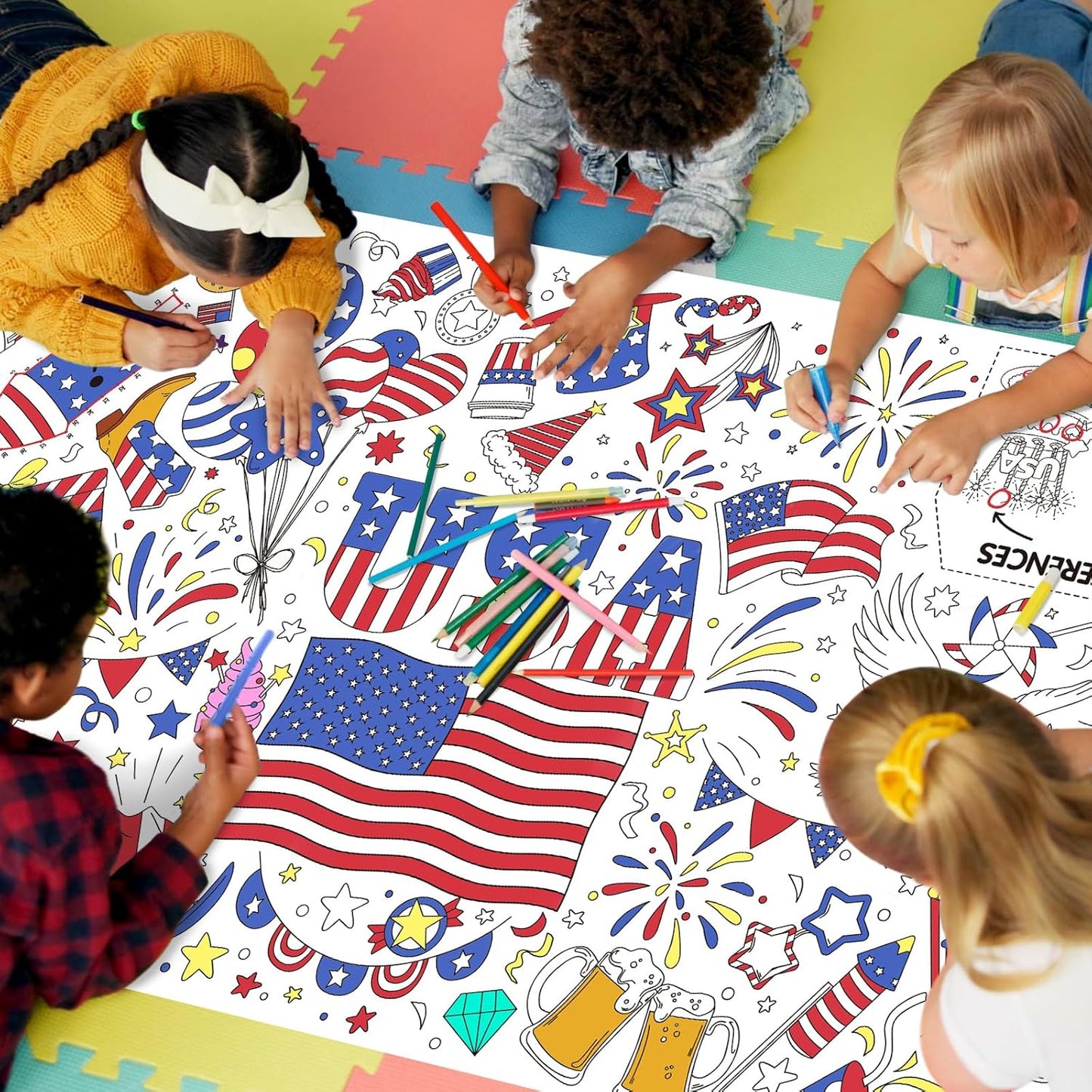 Gatherfun 4th of July Patriotic Coloring Tablecloth 31.5x72 - American Flag-Themed Giant Poster for Independence Day Decor & Activities for Classroom or School Party Table Cover