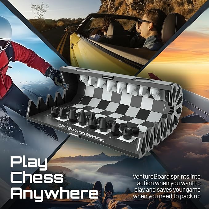 VENTUREBOARD XL Full-Size 10 Inches Magnetic Unique Chess Set Board Game - Folding Board, Travel Chess Board Game Pieces - (Black/Grey)