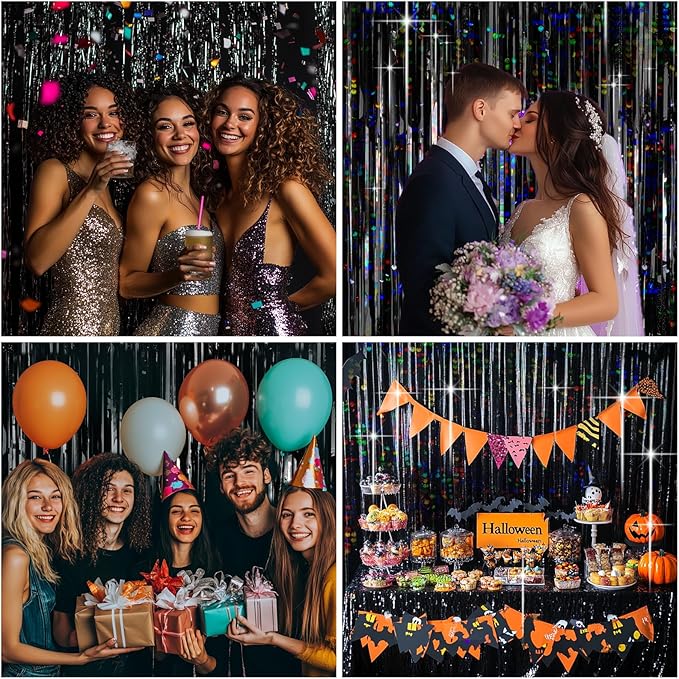 4 Packs Black Foil Fringe Curtain, Glitter Metallic Tinsel Backdrop for Birthday, Wedding, Bridal Shower, Halloween, Gold and Black Party Decorations Supplies