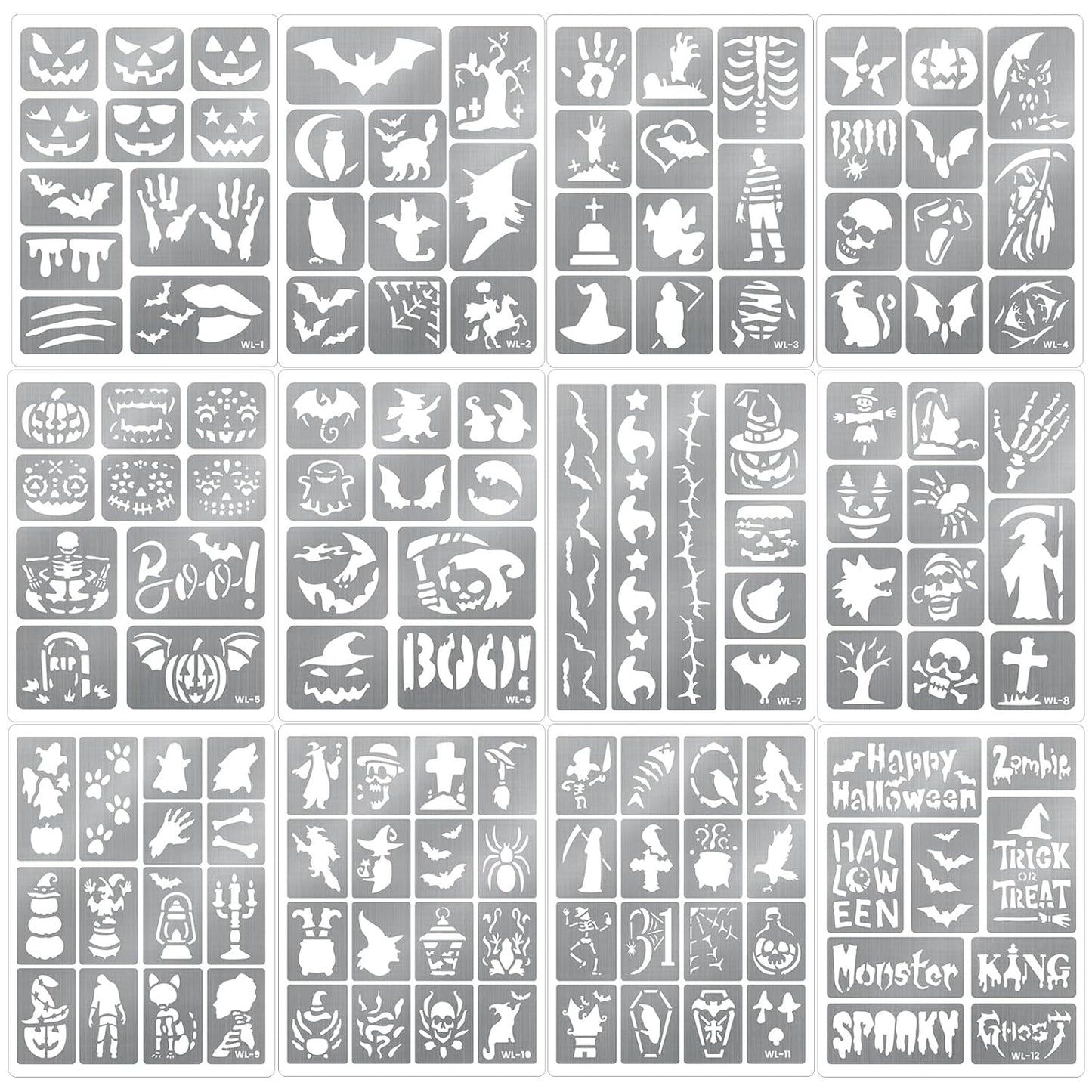 135 PCS Temporary Tattoo Stencils for Kids and Adults Halloween Party Supplies, 12 Sheets Halloween Ghost Witch Bat Glitter Tattoo Stencil for Boys Girls, Face and Body Paint Stencils Kit, Reusable