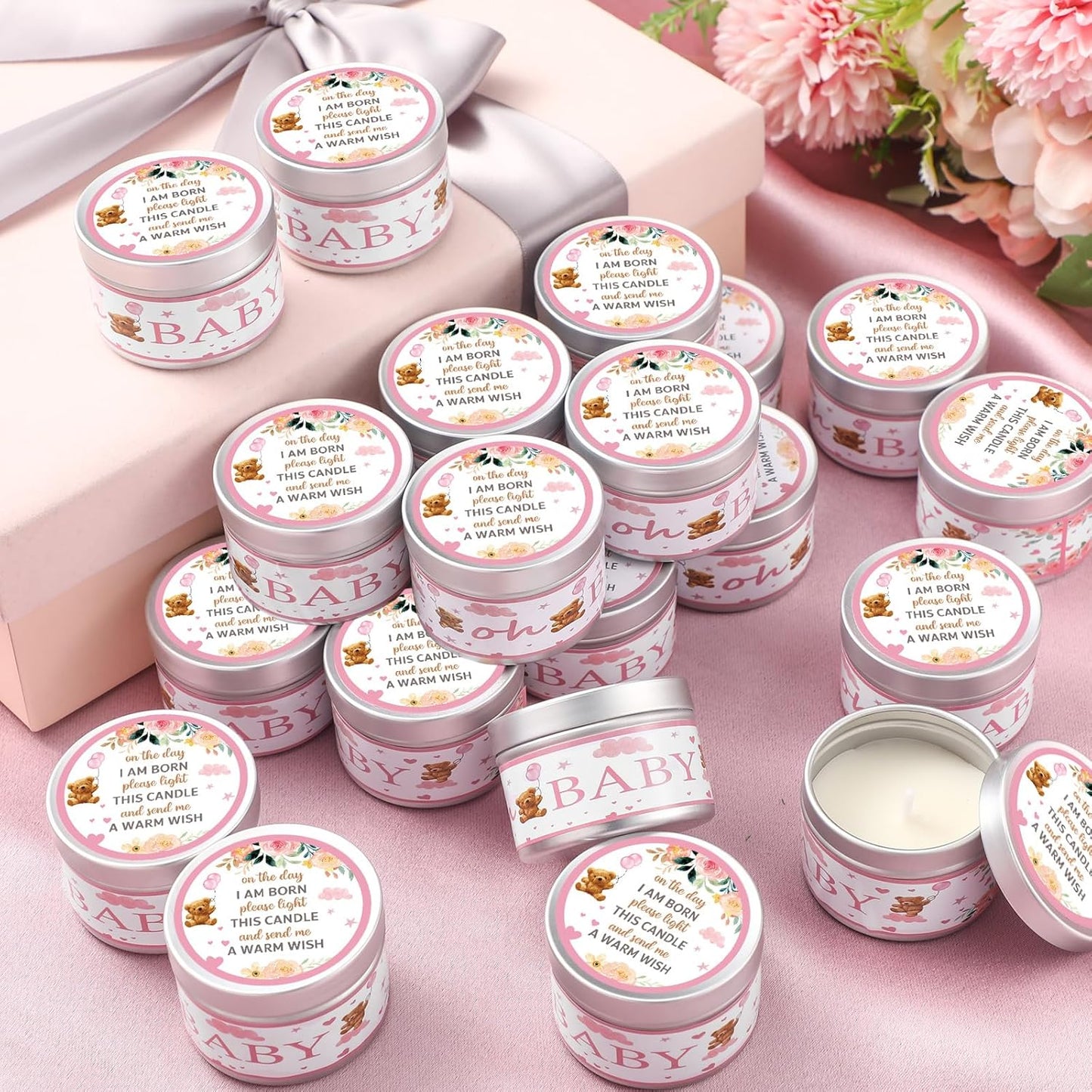 MTLEE 24 Pcs Bear Baby Shower Party Favors Candles Lavender Scented Baby Shower Favors for Guests Rustic Tealights Candles Gender Reveal Return Gifts Girl Boy(1.2 Oz, Pink)