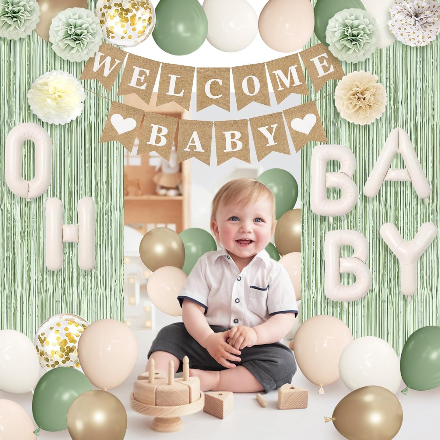 Ouddy Party Sage Green Baby Shower Decorations for Baby, Green Balloons with WELCOME BABY Banner Fringe Curtains Foil Balloons Paper Flower for Boho Baby Shower Birthday Gender Reveal Party Supplies