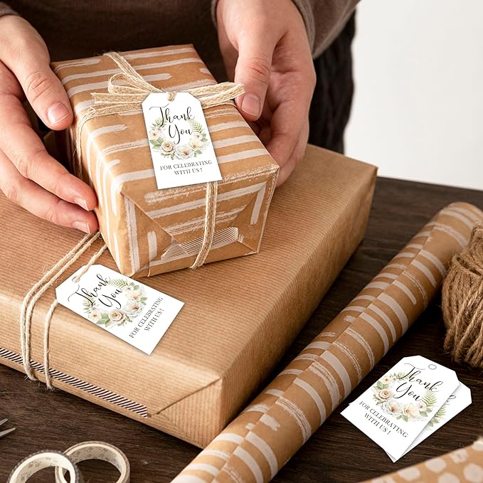 Floral Paper Gift Tags with String, 50Pcs Thank You for Celebrating with Us Tag, Gift Labels for Birthday Party Baby Bridal Shower Wedding Favor, Botanical Leaves Print-A18