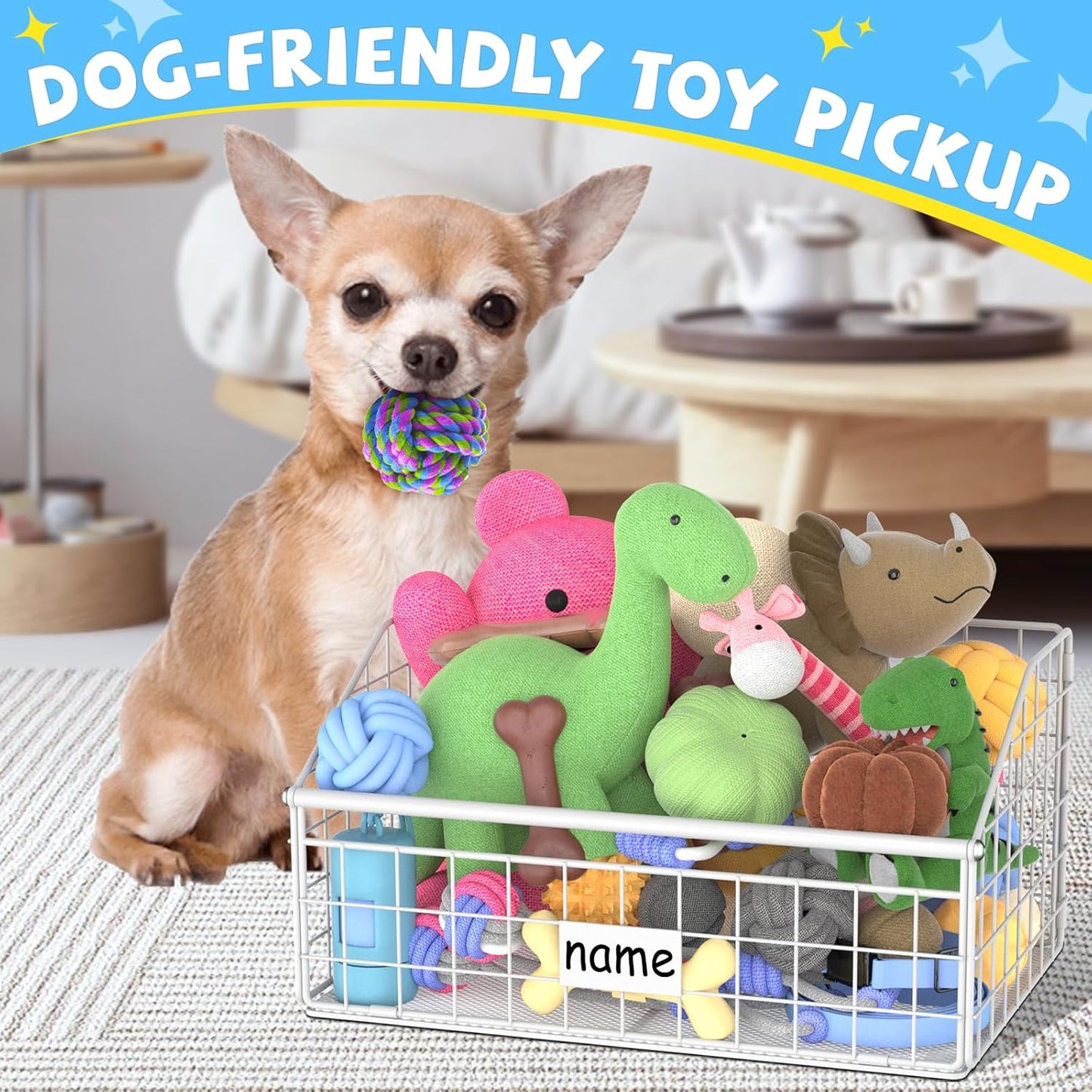 Indestructible Dog Toy basket, Small Toy Box for Dogs, Pet Toy Bin Dog Metal Basket for Toys, Dog Toy Storage, Dog Storage Organizer, Cat Dog Toy Box for Living Room Area (White)