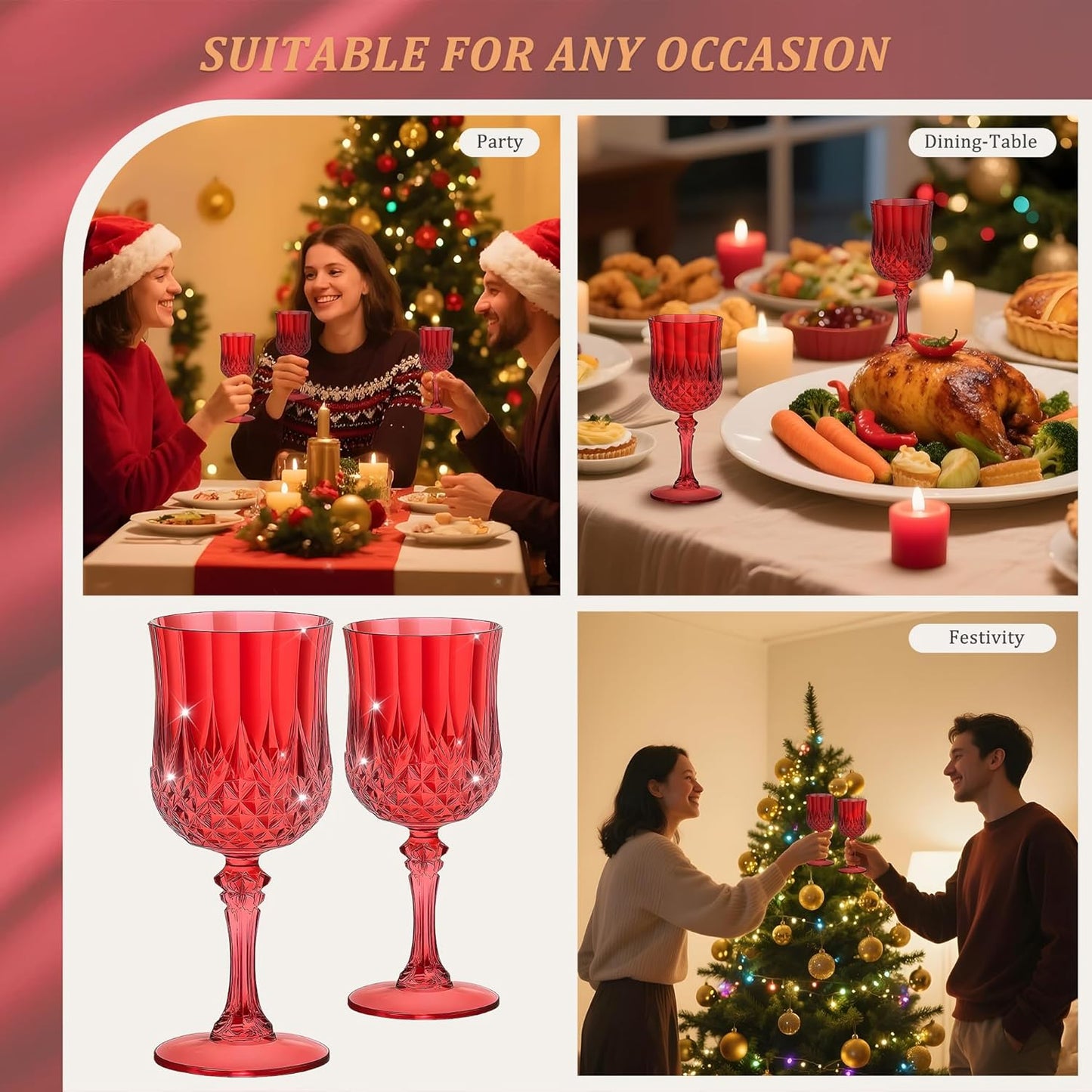 48PCS 7OZ Dark Red Wine Plastic Glasses Drinking Champagne Glasses Flutes Cups Crystal Vintage Water Unbreakable Goblets for Christmas, Wedding, Parties