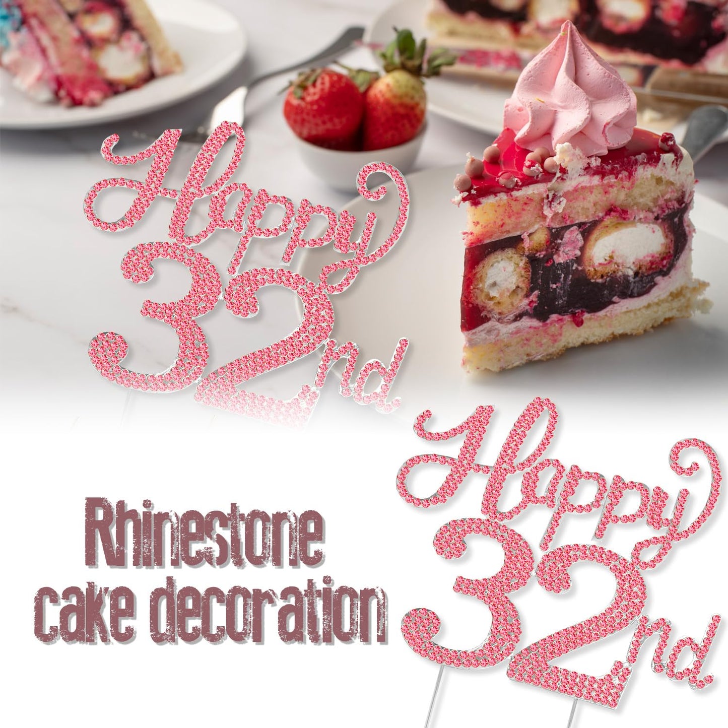 Happy 32nd Birthday Decorations,32nd Birthday Silver & Red Rhinestone Cake Topper - Cheers to 32 Years Old Bday Party Metal Sparkly Cake Centerpieces Sign.