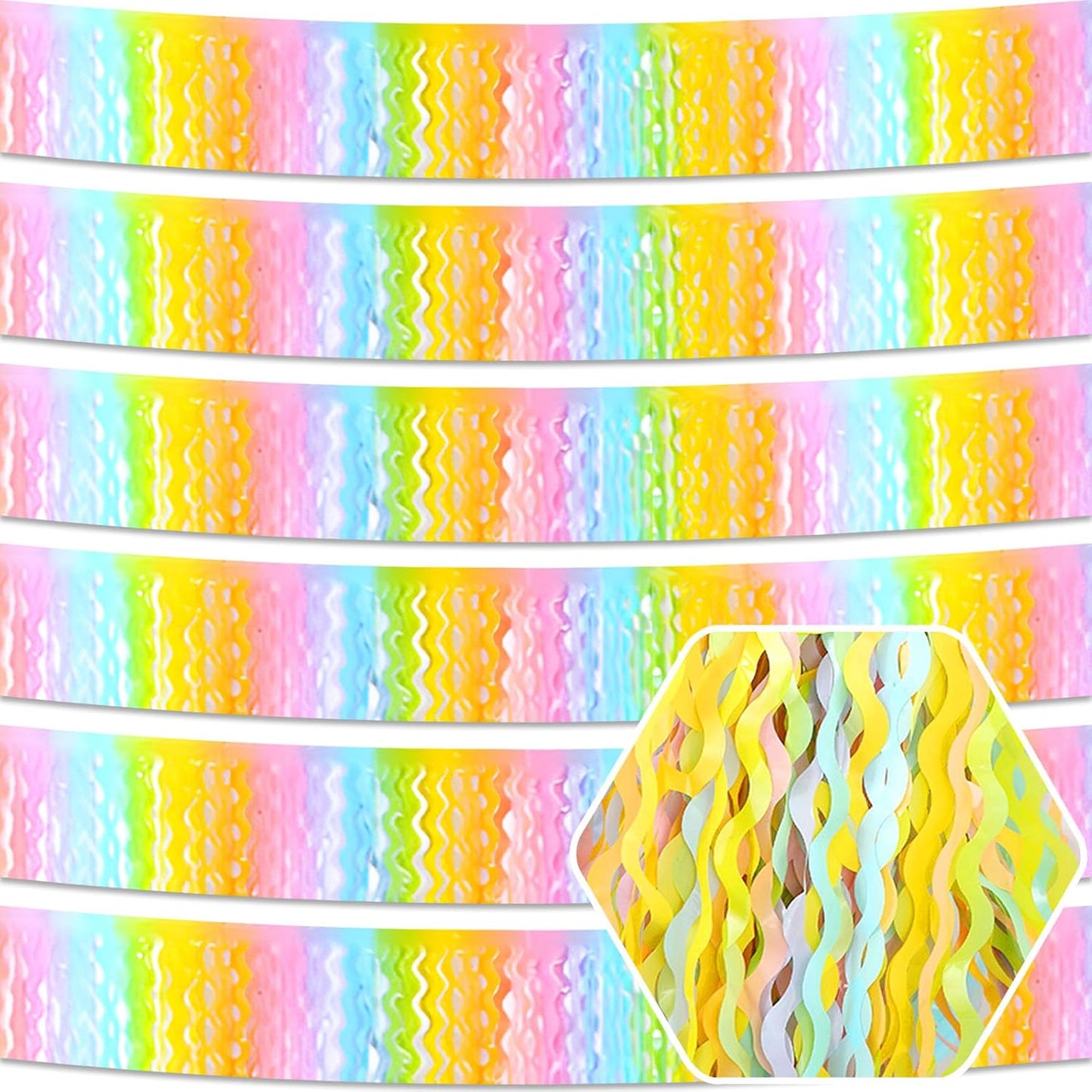 6 Pack 10 Feet Light Rainbow Wave Foil Fringe Garland Metallic Tinsel Streamers Banner Wall Hanging Curtain Backdrop for Parade Floats, Mother's Day, Easter, Wedding, Birthday Party Decoration