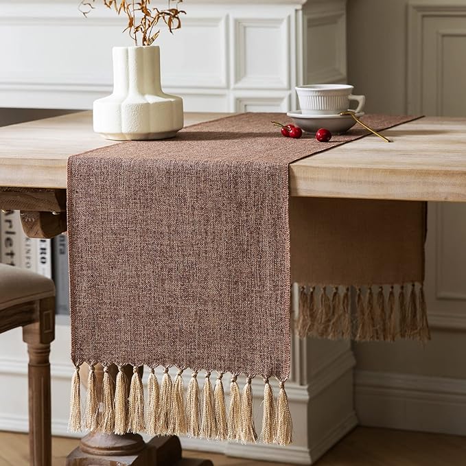 ZeeMart Brown Table Runners 108 Inches Long, Burlap Linen Style Rustic Farmhouse Table Runner, Long Boho Dining Table Runner, 13x108 Inches, Brown