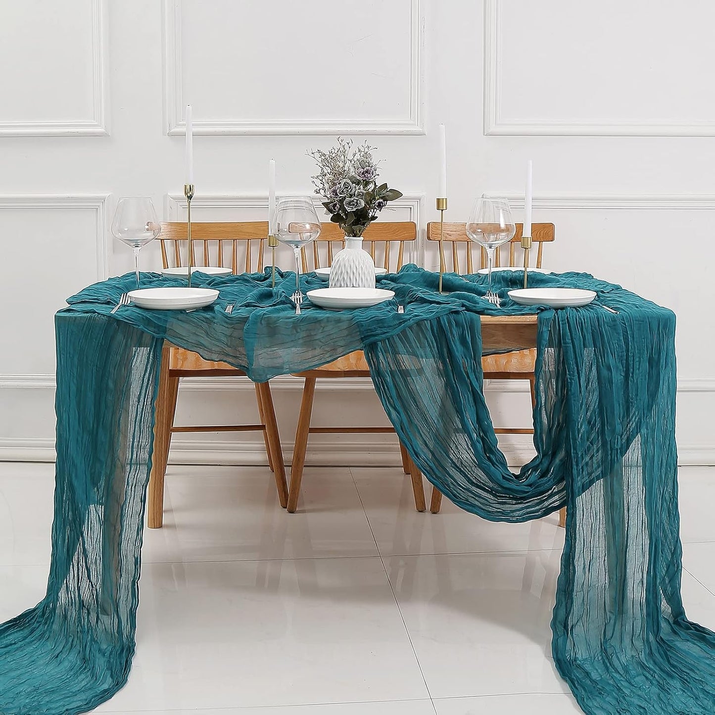 DOLOPL Teal Cheesecloth Table Runner 13.3ft Boho Gauze Cheese Cloth Table Runner Rustic Sheer Runner 160inch Long for Wedding Bridal Baby Shower Birthday Party Cake Table Decorations