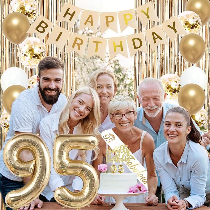 Trgowaul 95th Birthday Decorations for Women, Banner, Sash and Crown, Cake Topper, 95 Number Balloon, Fringe Curtains, Champagne Gold 95th Birthday Party Supplies