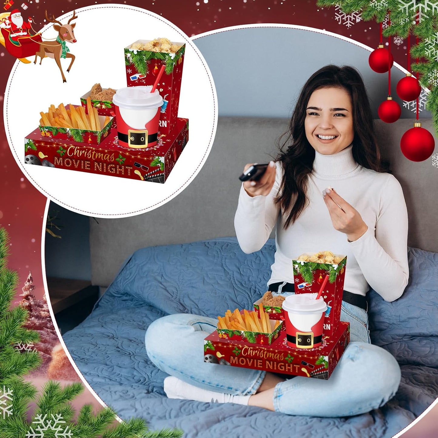 Bokon 172 Pcs/ 24 Sets of Christmas Movie Night Snack Trays 3 Sizes Snack Boxes, 16 oz Disposable Drinks Cups, 50 Straws, Complimentary Sealing Stickers for Cinema Party Decoration(Paper,Snow)