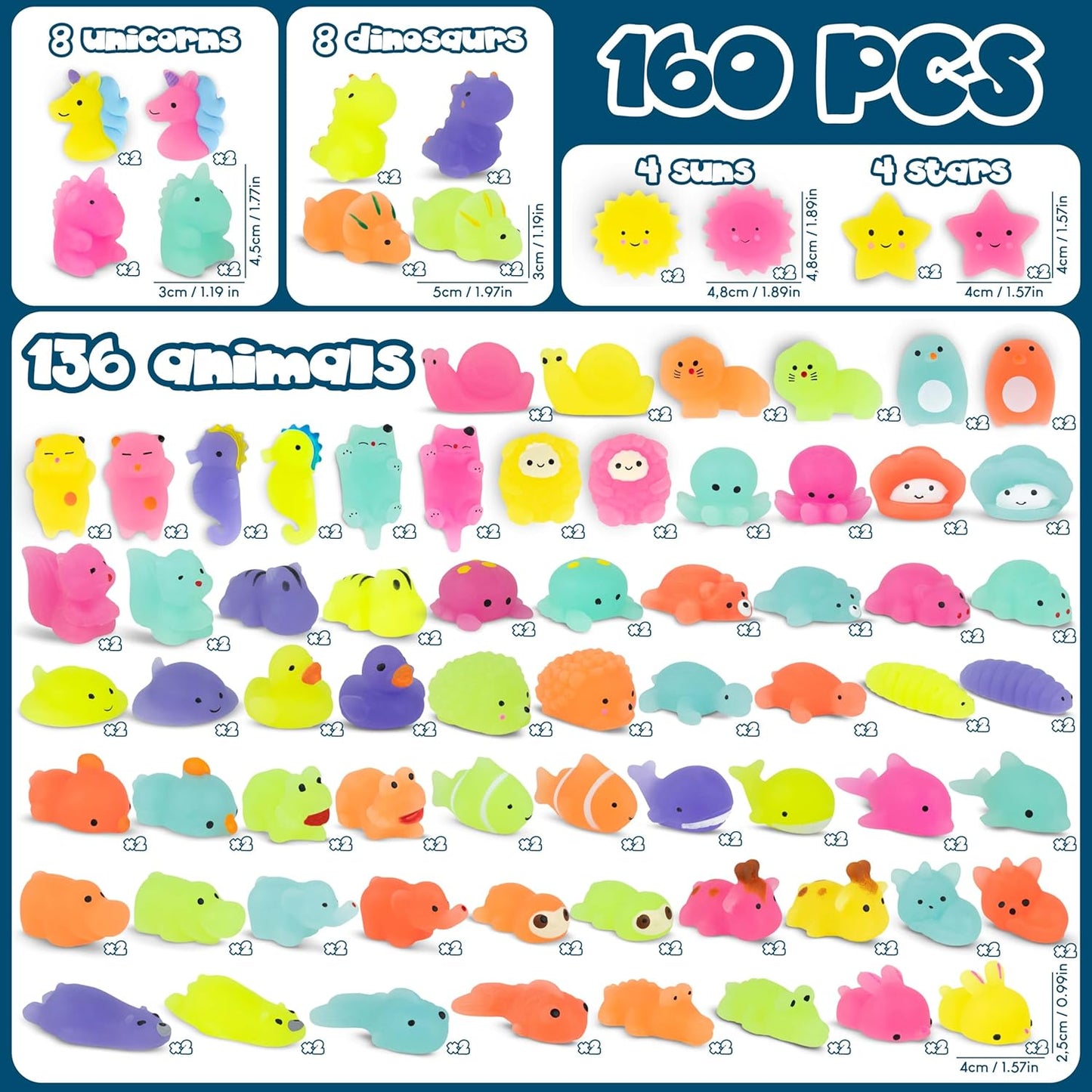 BONNYCO Mochi Squishy Toys Bulk for Kids Party Favors Pack 160. Goodie Bags Stuffers for Kids with Glow in The Dark, Return Gifts Birthday Party. Squishy Fidget Toys, Pinata Stuffers Birthday Kawaii
