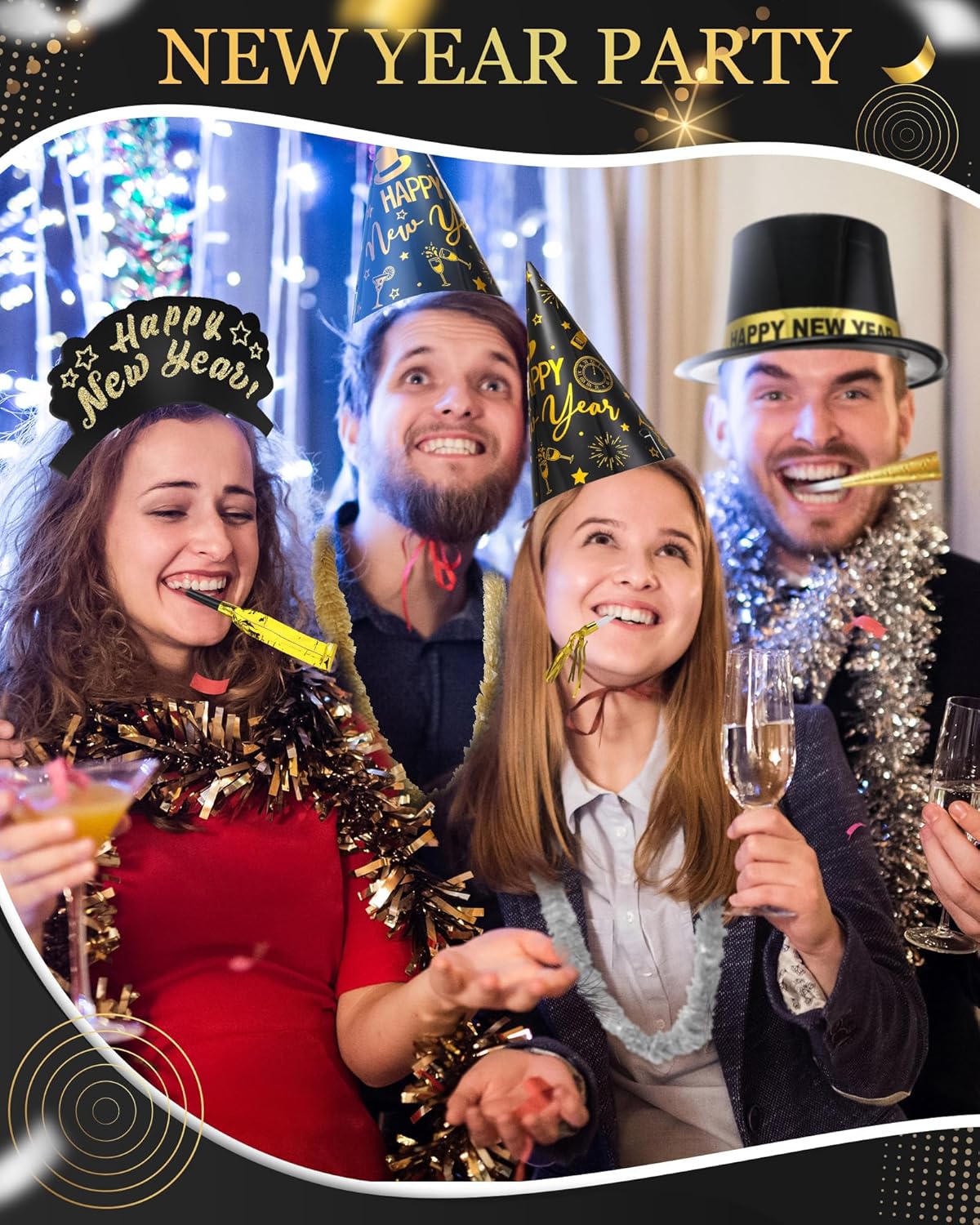 Cuffbow 300 Pcs 2026 New Years Eve Party Supplies Include Happy New Year Cone Hat Headband Tiara Metallic Fringed Party Blowers Noise Makers Horns Leis Hair Hoop Favors Decorations(Black Gold)