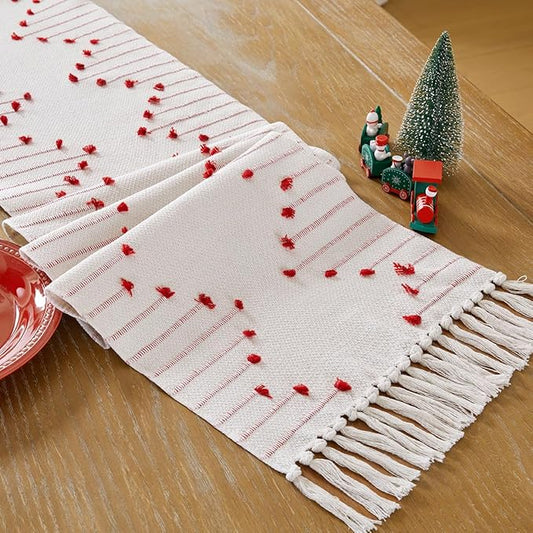 Wracra Christmas Table Runner, Natural Cotton Woven Macrame Table Runners 60 Inches Long for Christmas Decorations,Modern Farmhouse Woven Home Decor, 14x60 Inch, Red