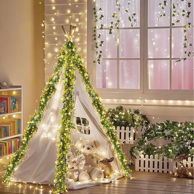 RECUTMS 3 Pcs Green Garland with Lights Fern Hanging Light Fake Hanging Vines Spring Garland with Lights Green Leaf Vines for Spring Home Wall Mantel Party Wedding Fireplace Decoration(Yellow)