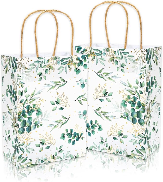 JarThenaAMCS 24Pcs Greenery Kraft Paper Gift Bags Green Gold Eucalyptus Leaves Treat Bags with Handles Candy Goodie Bag for Birthday Wedding Baby Shower Party Supplies