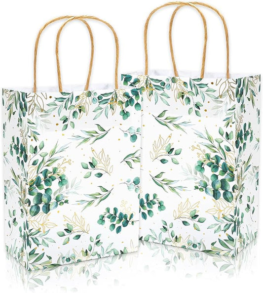 JarThenaAMCS 24Pcs Greenery Kraft Paper Gift Bags Green Gold Eucalyptus Leaves Treat Bags with Handles Candy Goodie Bag for Birthday Wedding Baby Shower Party Supplies