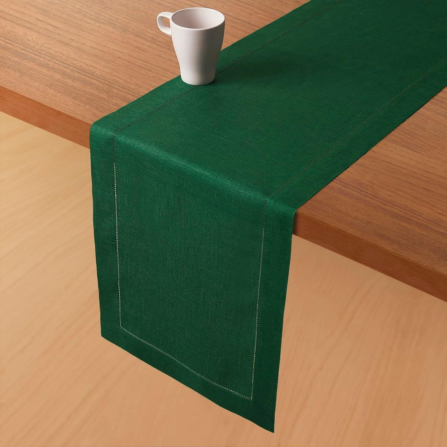 D'Moksha Homes Linen Forest Green Table Runner 72 Inches Long - 100% Pure Linen Hemstitch Table Runner 14 x 72 Inch for Dresser, Dining, Fall, Autumn and Halloween - Classic Hemstitch