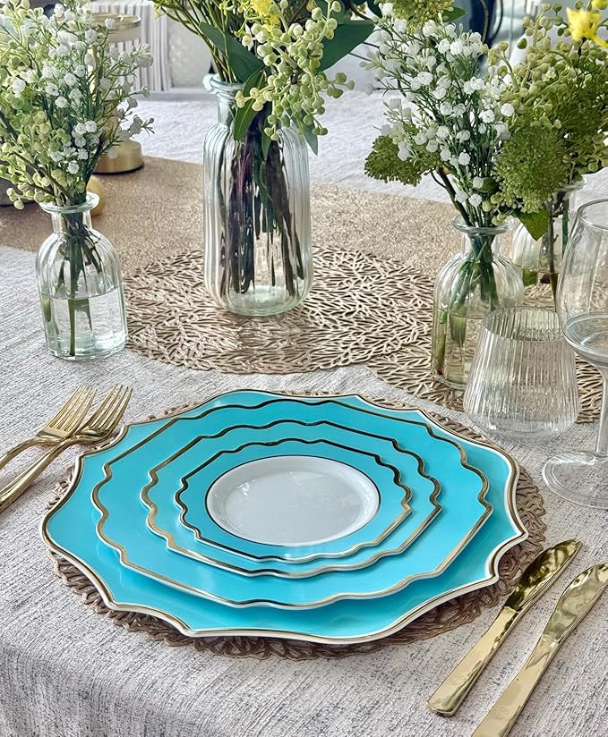 " OCCASIONS " 10 Pieces 13.25'' Scalloped Disposable/Reusable Plastic Charger Plates for Wedding, (Scalloped Imperial Aqua & Gold)