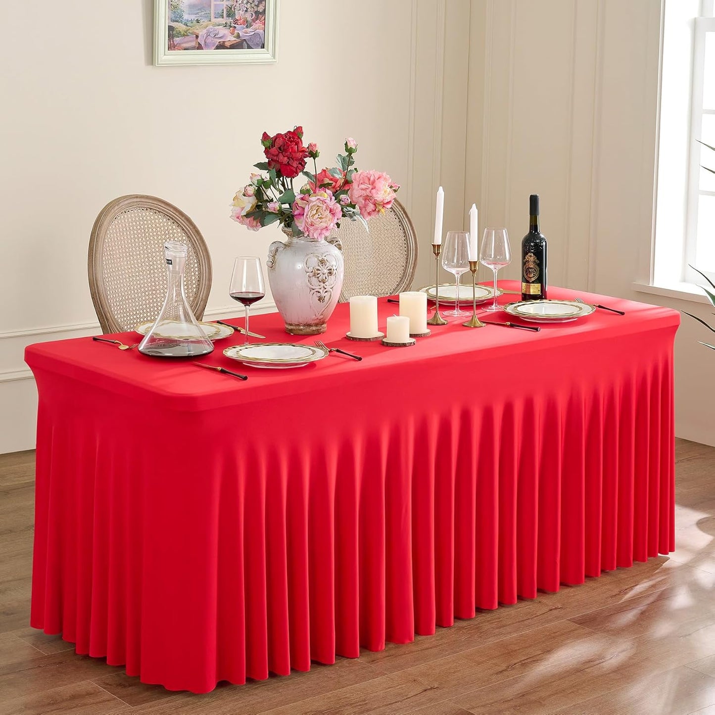 2 Pack Red Spandex Tablecloths for 6 Foot Rectangle Tables, Wrinkle Free 6ft Fitted Table Cloth Stretchy Table Clothes with Skirt for Parties Weddings Birthday Banquet Baby Shower