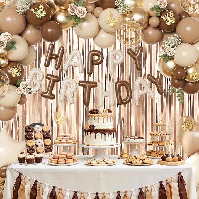 Brown Birthday Decorations, Brown Tan Beige Gold Foil Confetti Balloons Happy Birthday Banner Gold Butterfly Fringe Curtains Birthday Decorations for Women Girls