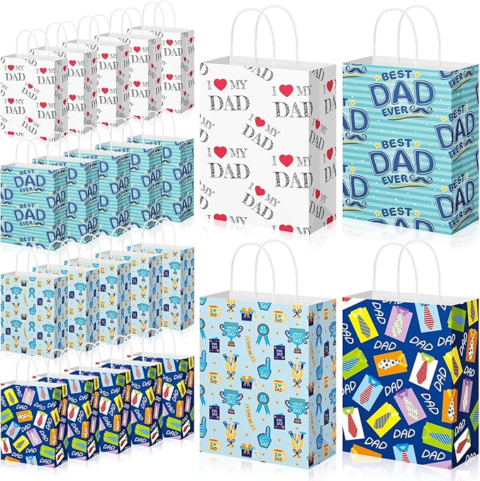 Gilprop 24 Pcs Father's Day Gift Bags Bulk Dad Party Supplies, 8 Inch Happy Father's Day Paper Treat Goodie Bags with Handle, Dad Ever Gifts Favors for Him Birthday Anniversary